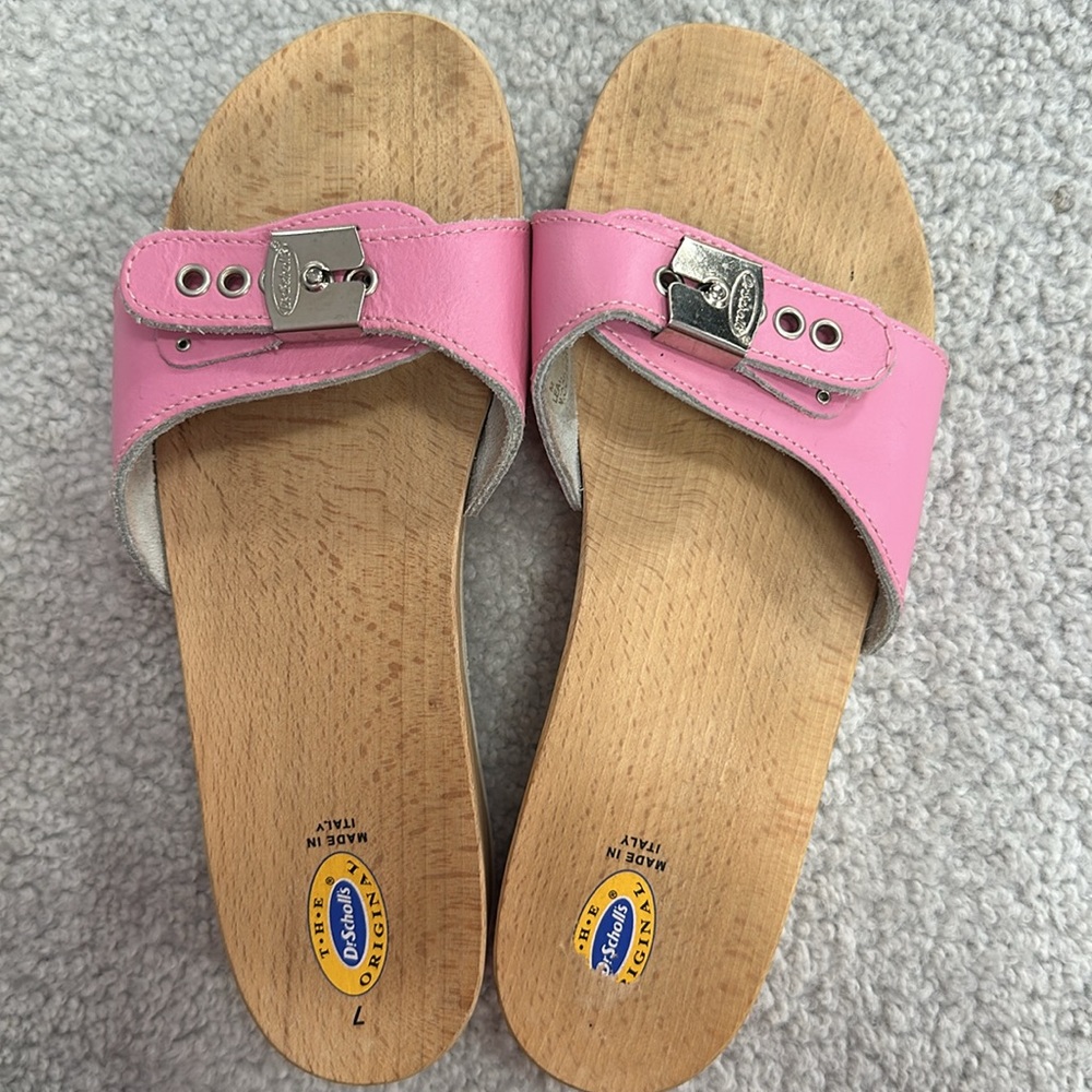 Vintage Dr. Scholl’s Wooden Shoe Leather Strap Pink Rare Excellent Condition